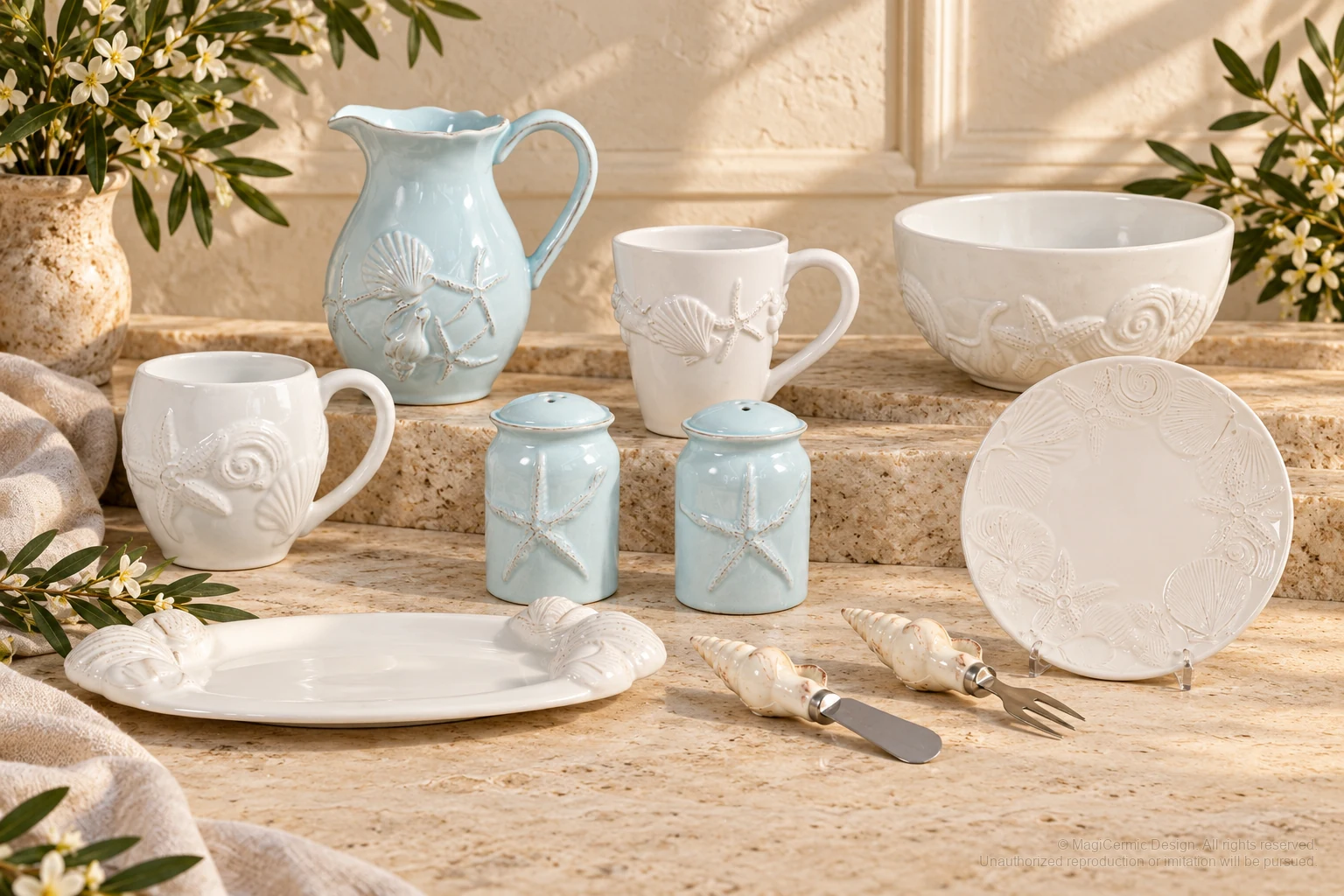 Italian-inspired floral setting of shell and starfish relief service, kept within one visible motif family