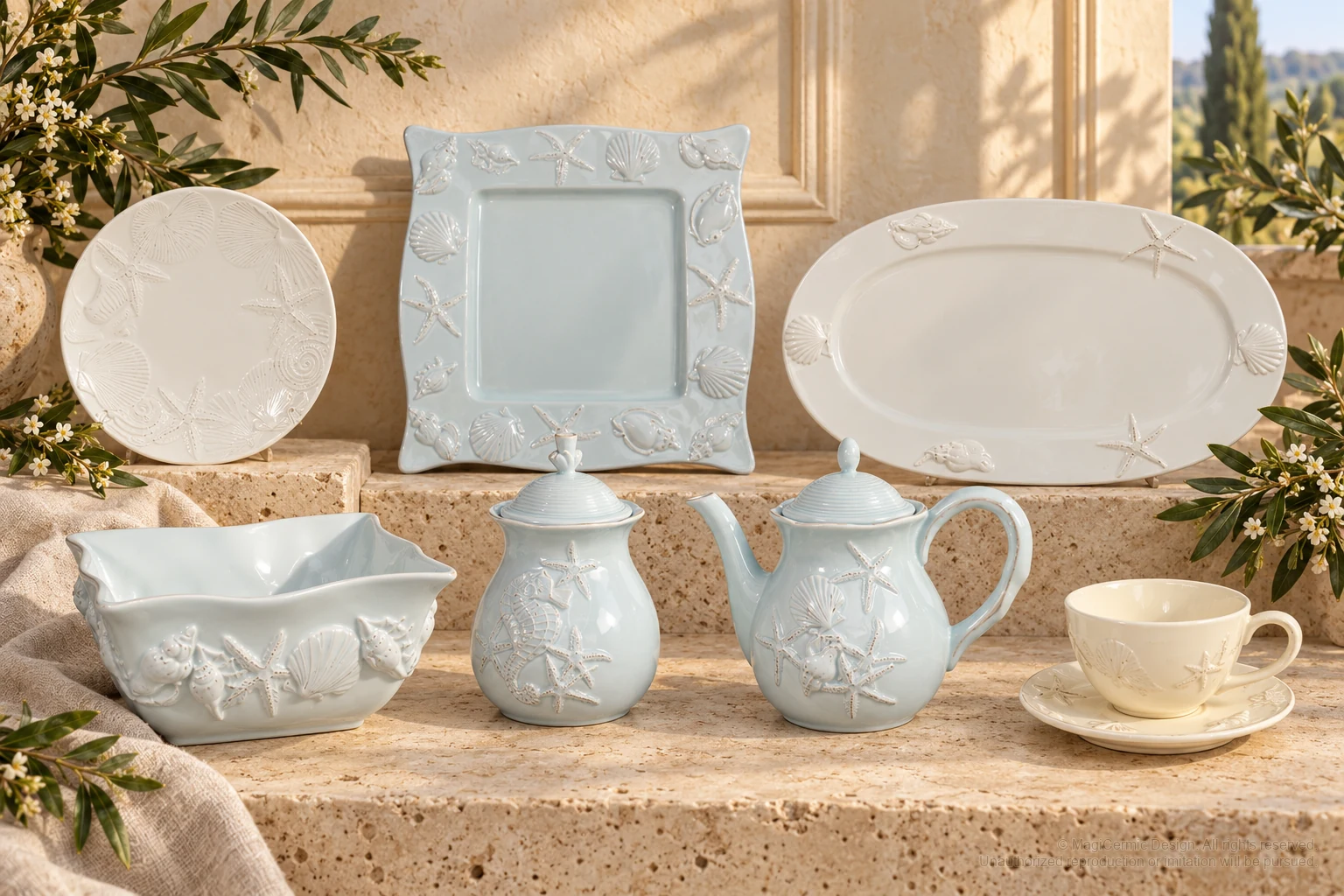 Italian-inspired floral setting of shell and starfish relief service, kept within one visible motif family