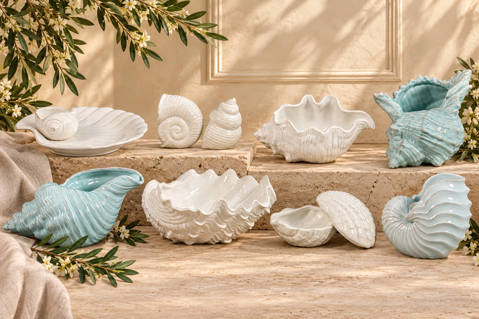 Italian-inspired floral setting of sculpted shell serveware, kept within one visible motif family