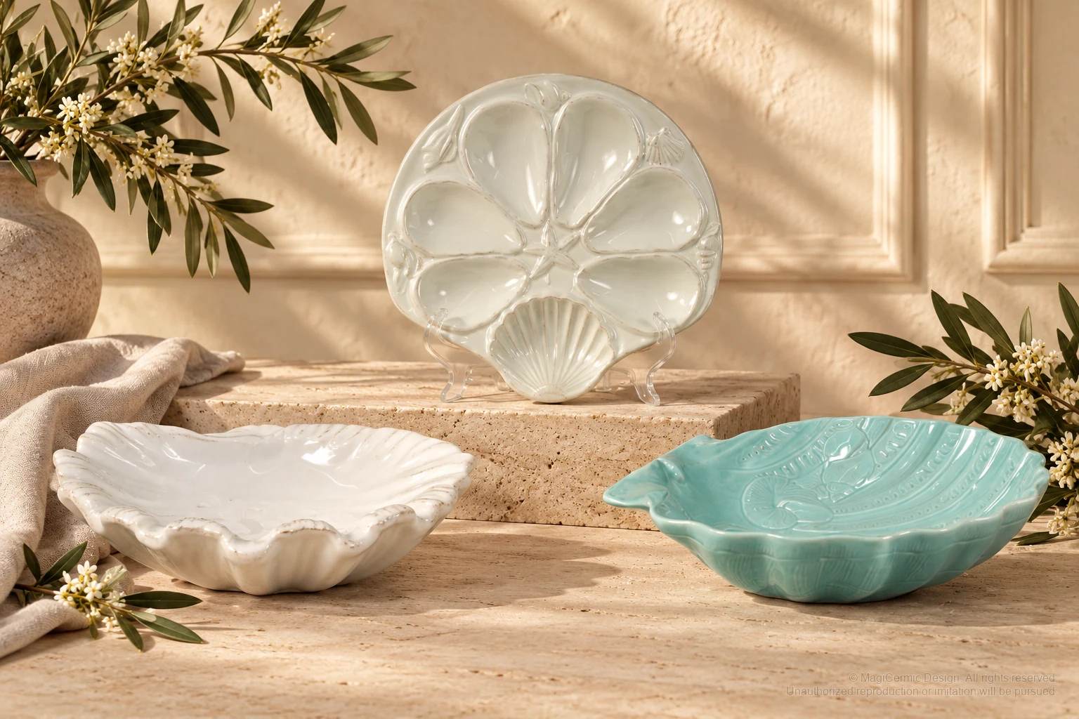 Italian-inspired floral setting of sculpted shell serveware, kept within one visible motif family