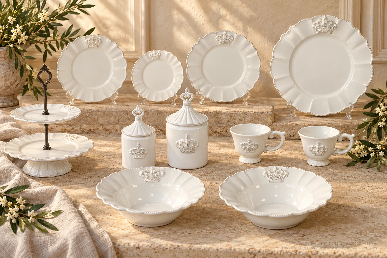 Italian-inspired floral setting of crown relief tableware, kept within one visible motif family