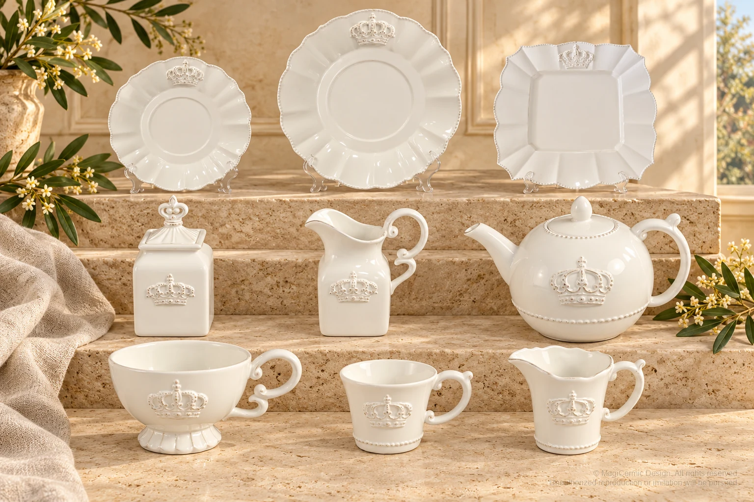 Italian-inspired floral setting of crown relief tableware, kept within one visible motif family