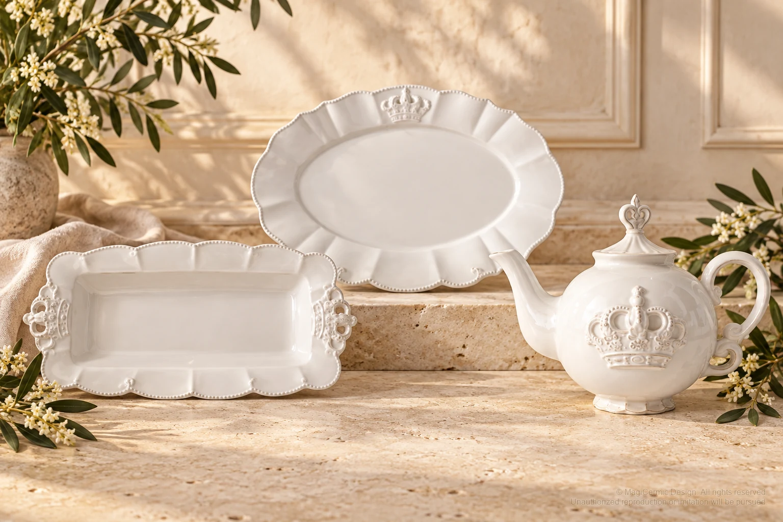 Italian-inspired floral setting of crown relief tableware, kept within one visible motif family