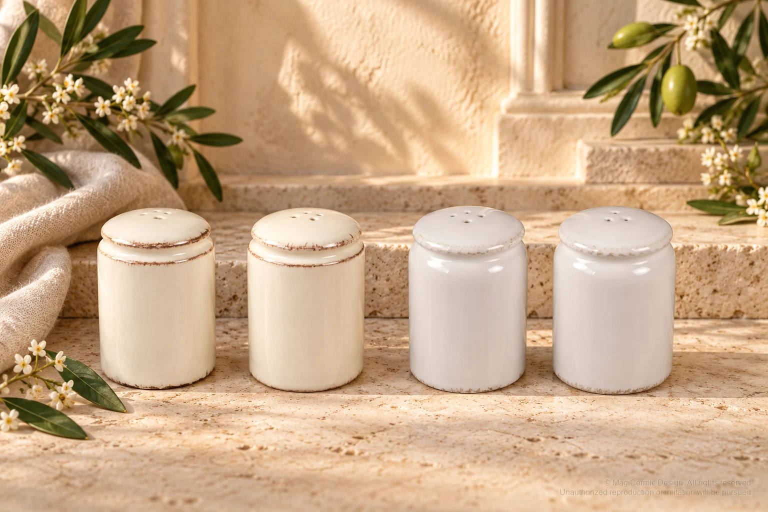 Italian-inspired floral setting of plain ceramic shakers, kept within one visible motif family