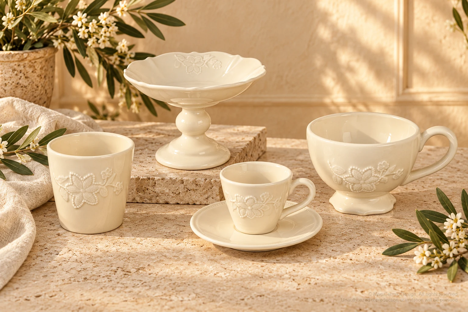 Italian-inspired floral setting of flower relief service, kept within one visible motif family