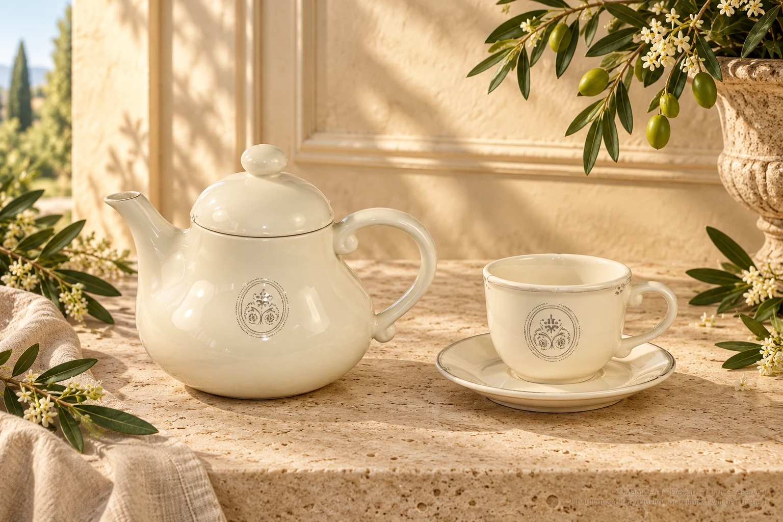 Italian-inspired floral setting of printed floral medallion tea, kept within one visible motif family