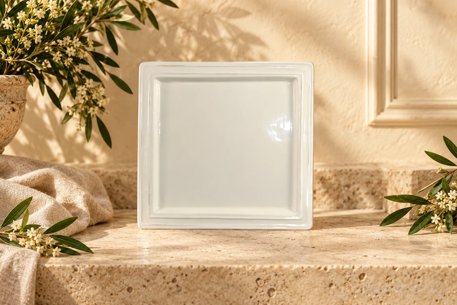 Italian-inspired floral setting of square stepped plates, kept within one visible motif family