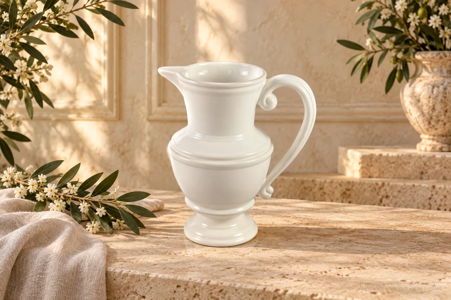 Italian-inspired floral setting of banded classical vase, kept within one visible motif family