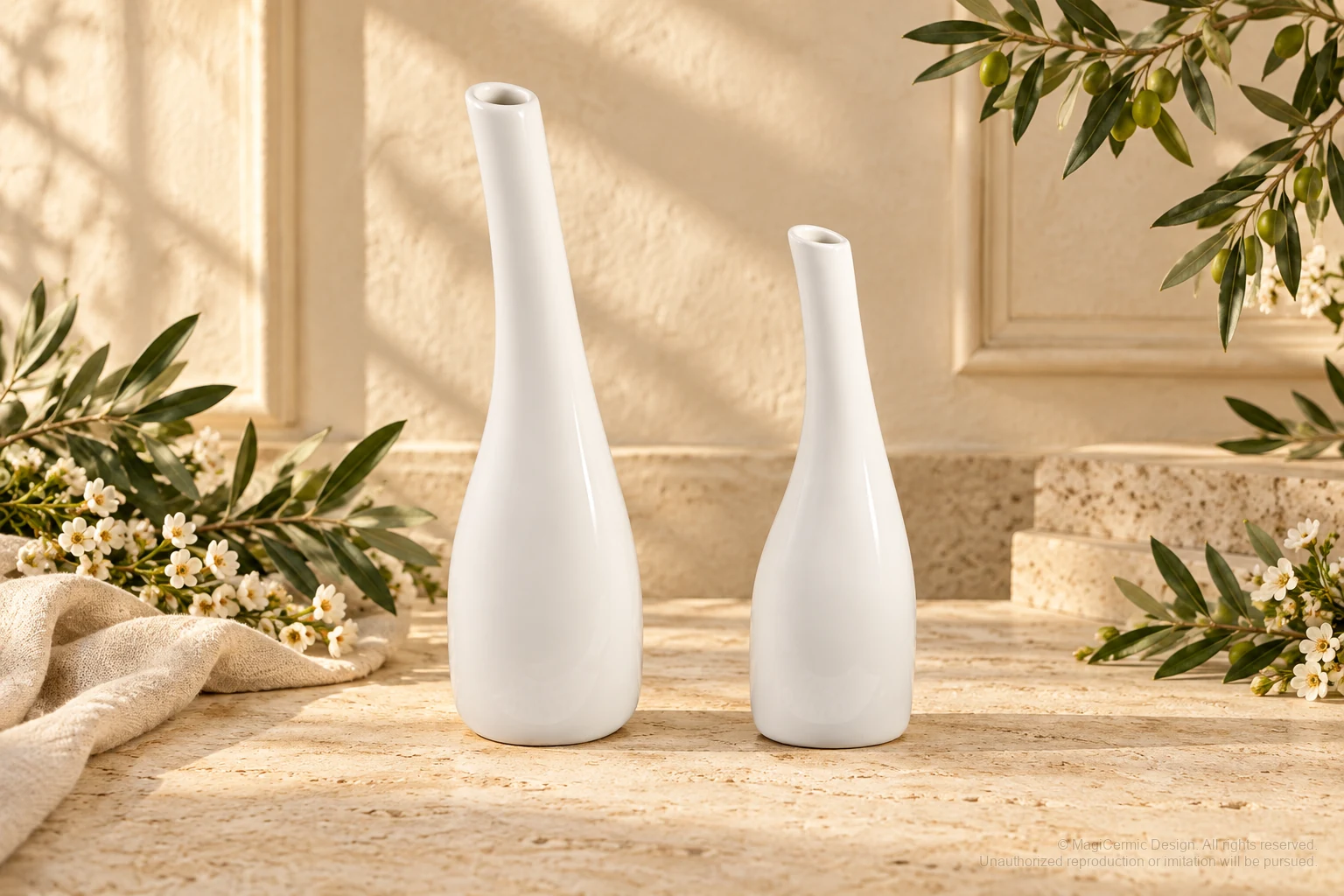 Italian-inspired floral setting of slender bottle vases, kept within one visible motif family