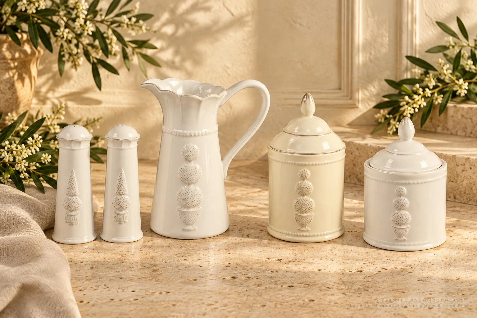 Italian-inspired floral setting of topiary relief service, kept within one visible motif family