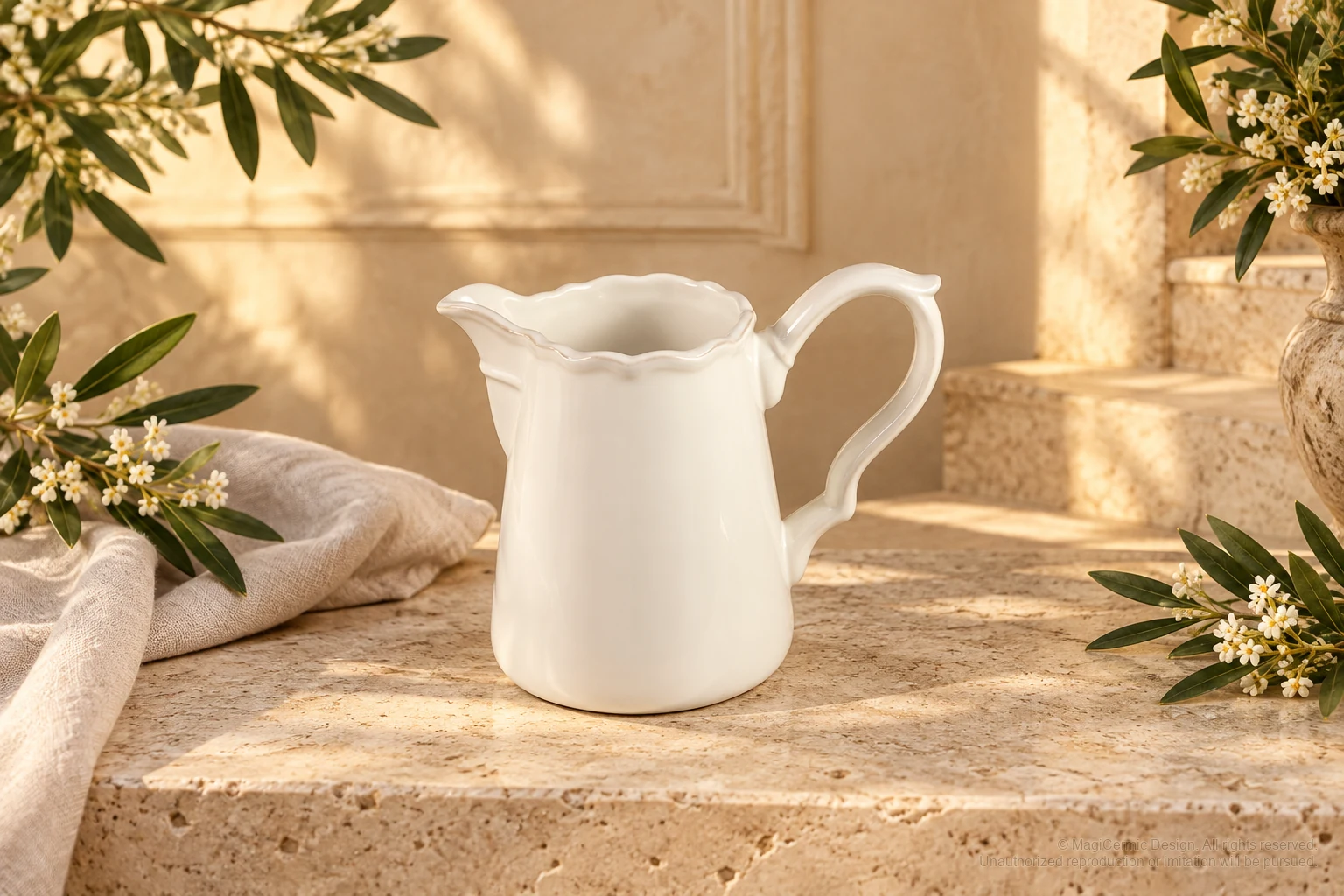 Italian-inspired floral setting of scallop lip tall jug, kept within one visible motif family