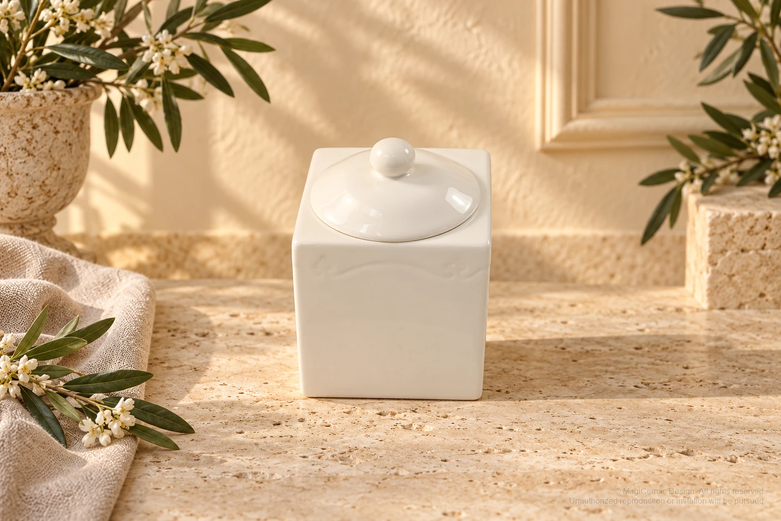 Italian-inspired floral setting of square utility vessel, kept within one visible motif family