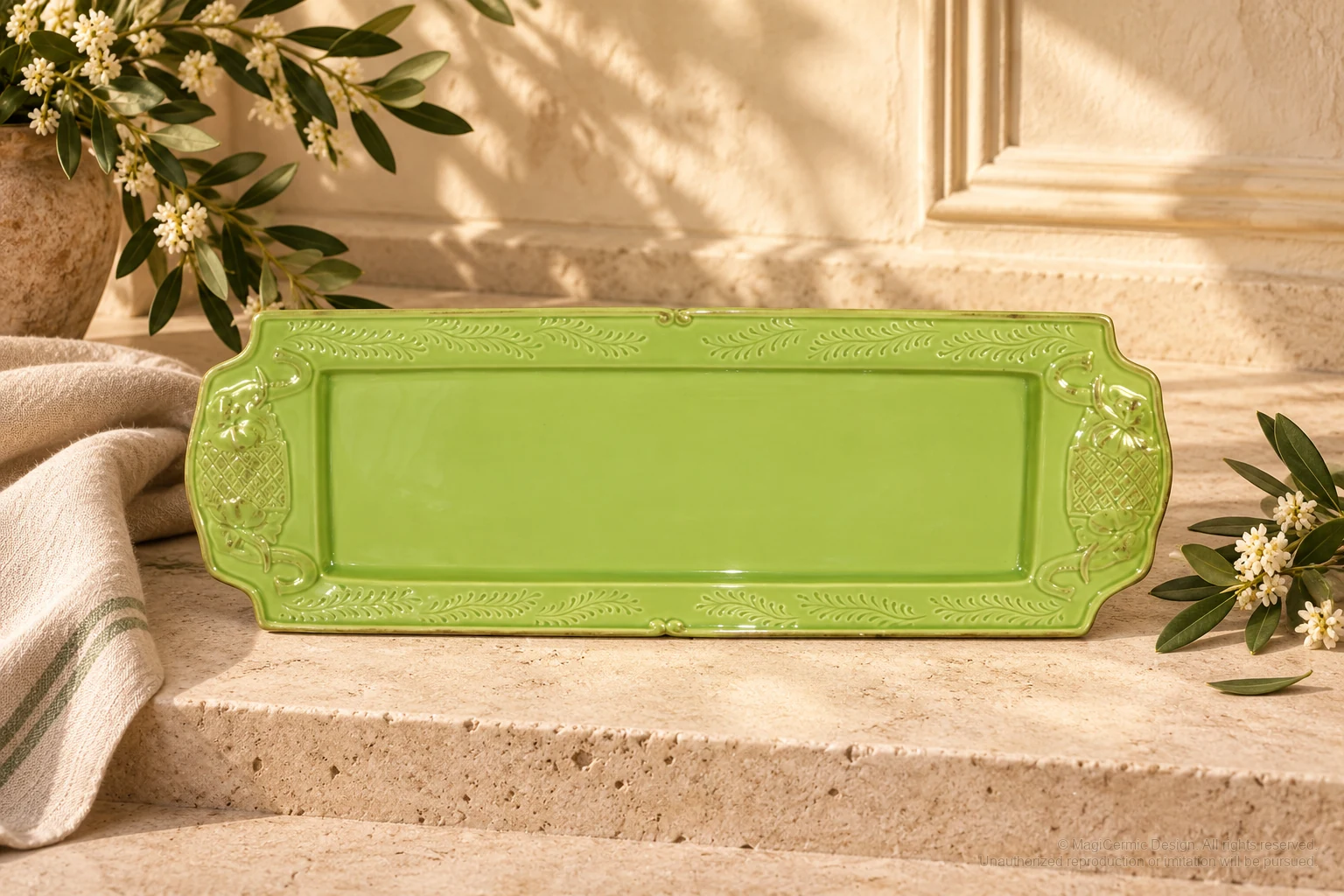 Italian-inspired floral setting of green cartouche tray, kept within one visible motif family