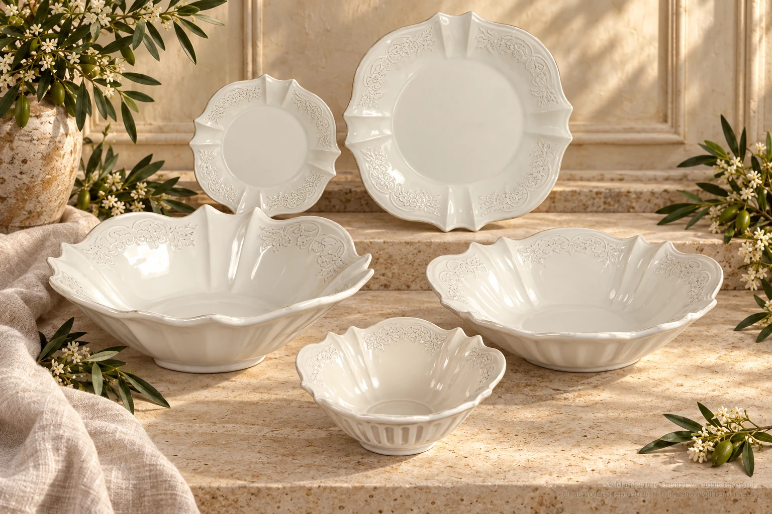 Italian-inspired floral setting of fine floral border serveware, kept within one visible motif family