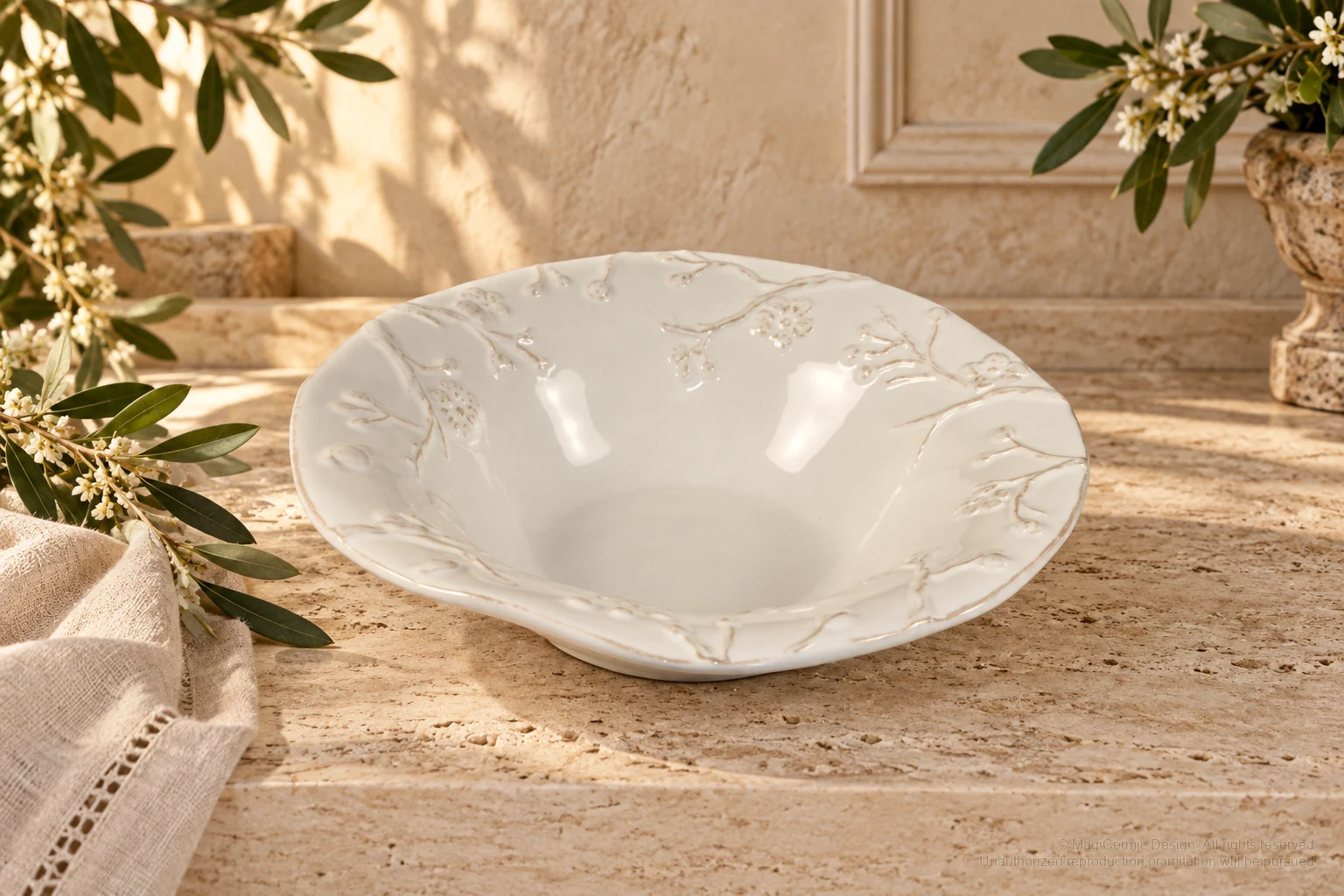 Italian-inspired floral setting of branch relief bowl, kept within one visible motif family