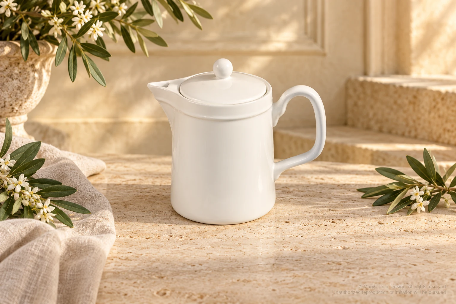 Italian-inspired floral setting of plain lidded jug, kept within one visible motif family