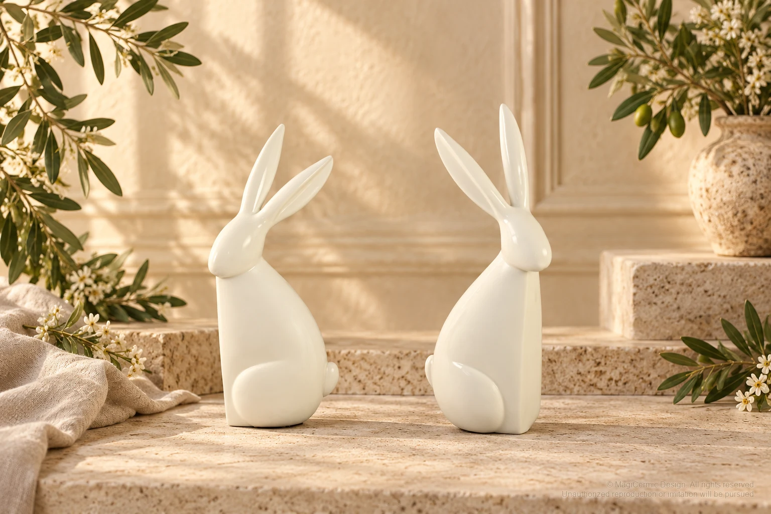 Italian-inspired floral setting of minimal rabbit sculptures, kept within one visible motif family