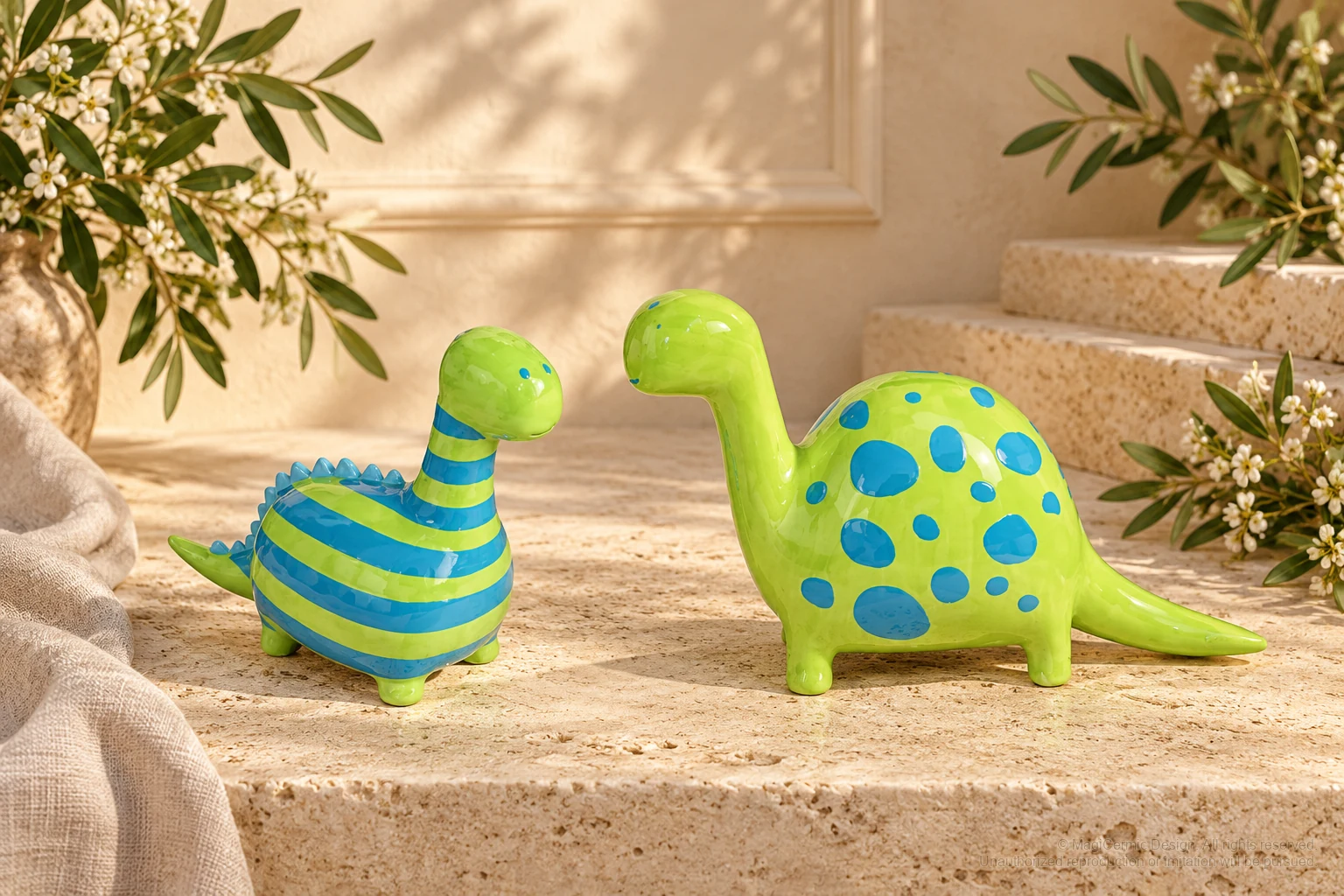 Italian-inspired floral setting of colorful dinosaur figures, kept within one visible motif family
