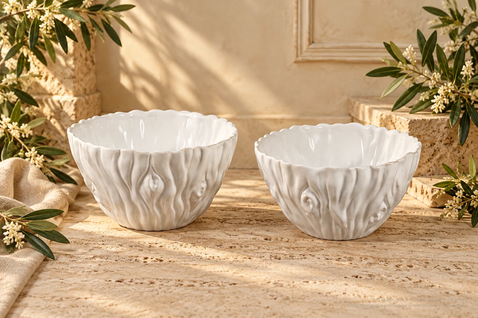 Italian-inspired floral setting of organic fluted bowls, kept within one visible motif family