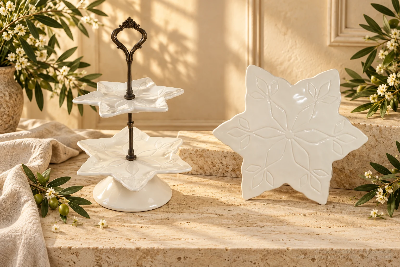 Italian-inspired floral setting of poinsettia serving forms, kept within one visible motif family