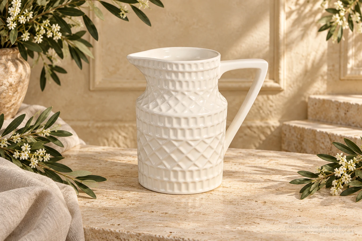 Italian-inspired floral setting of basketweave jug, kept within one visible motif family