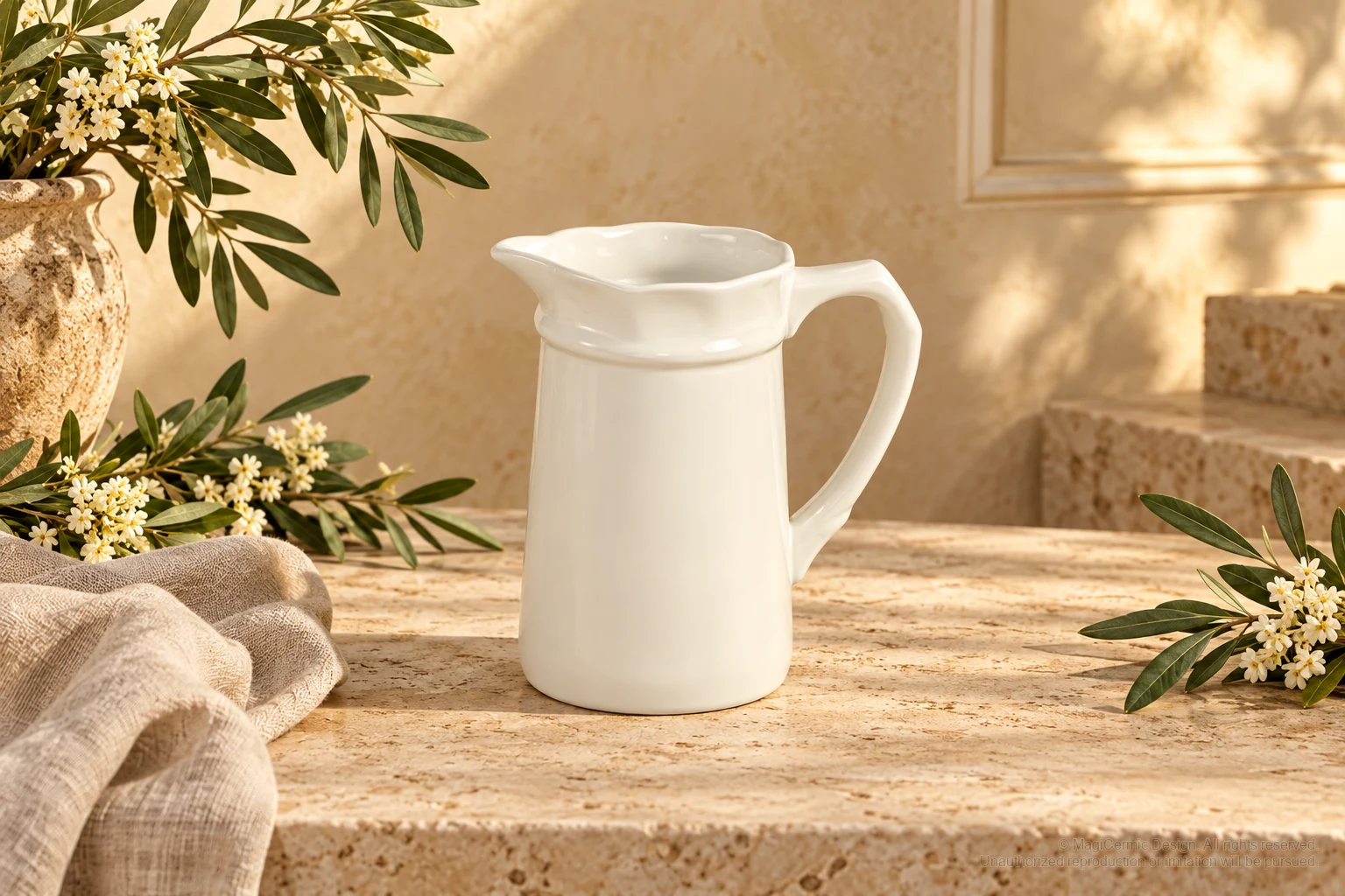Italian-inspired floral setting of plain angular pitcher, kept within one visible motif family