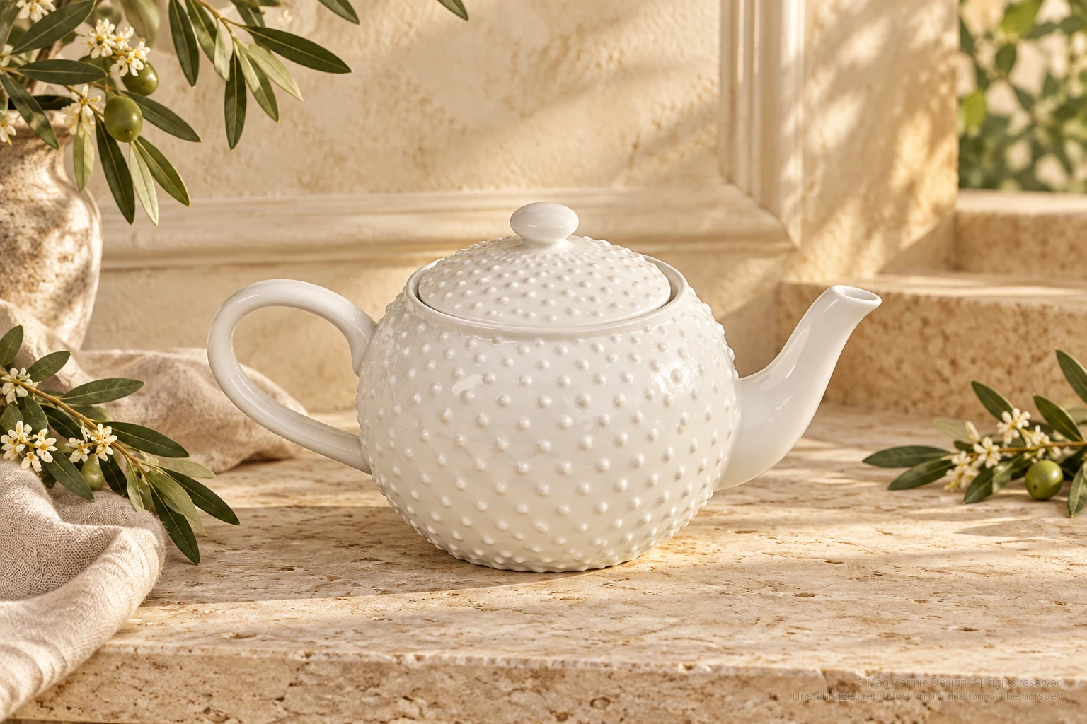 Italian-inspired floral setting of hobnail teapot, kept within one visible motif family