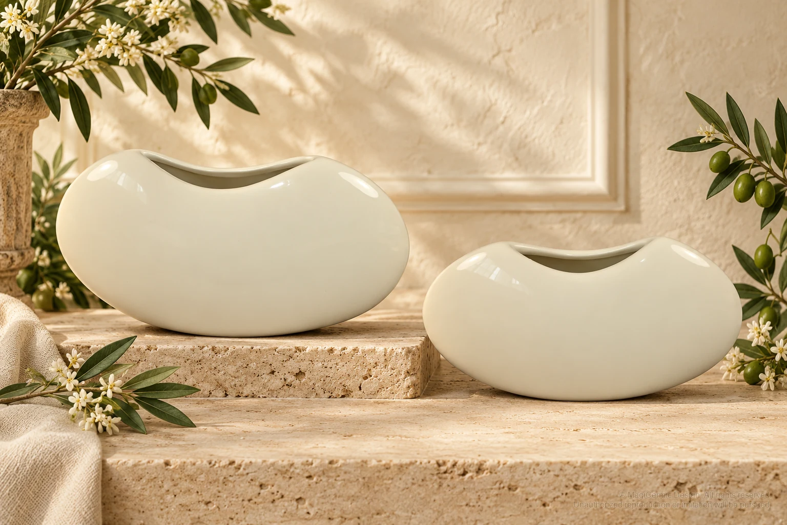 Italian-inspired floral setting of crescent vases, kept within one visible motif family