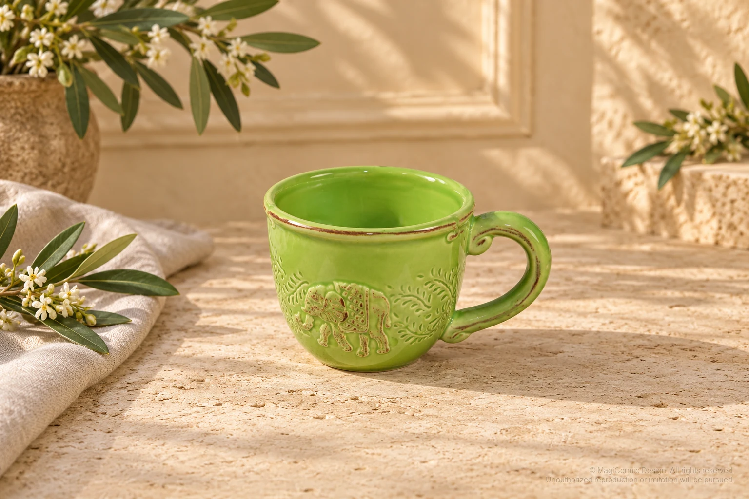Italian-inspired floral setting of green relief mug, kept within one visible motif family