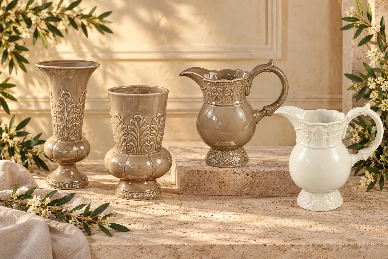 Italian-inspired floral setting of acanthus relief vessels, kept within one visible motif family