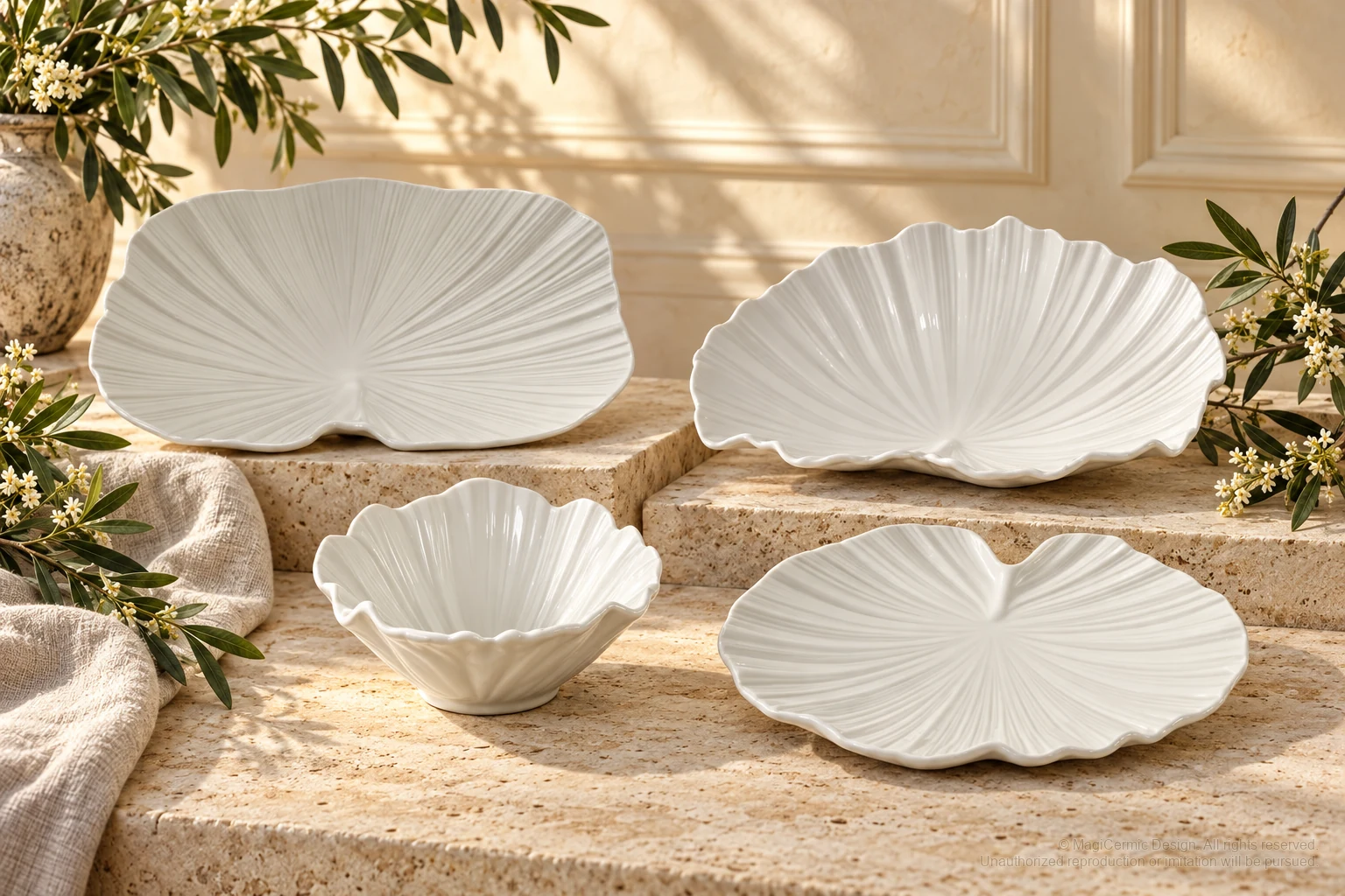 Italian-inspired floral setting of ginkgo serving forms, kept within one visible motif family