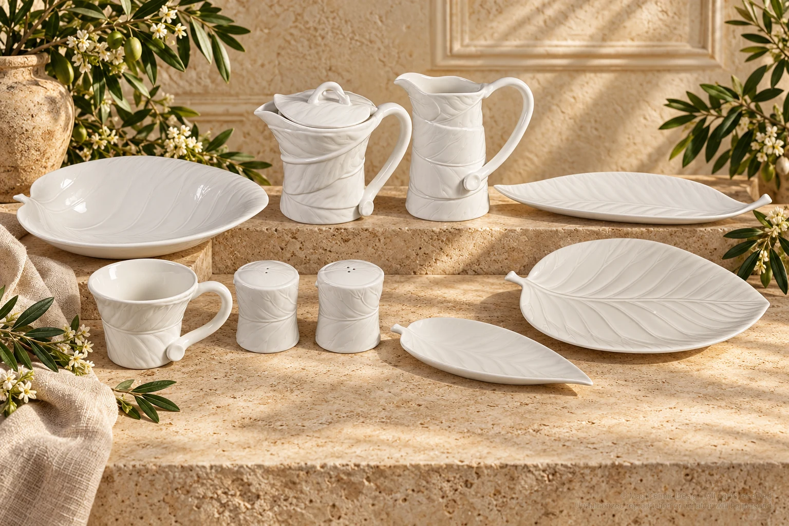 Italian-inspired floral setting of white leaf vein service, kept within one visible motif family