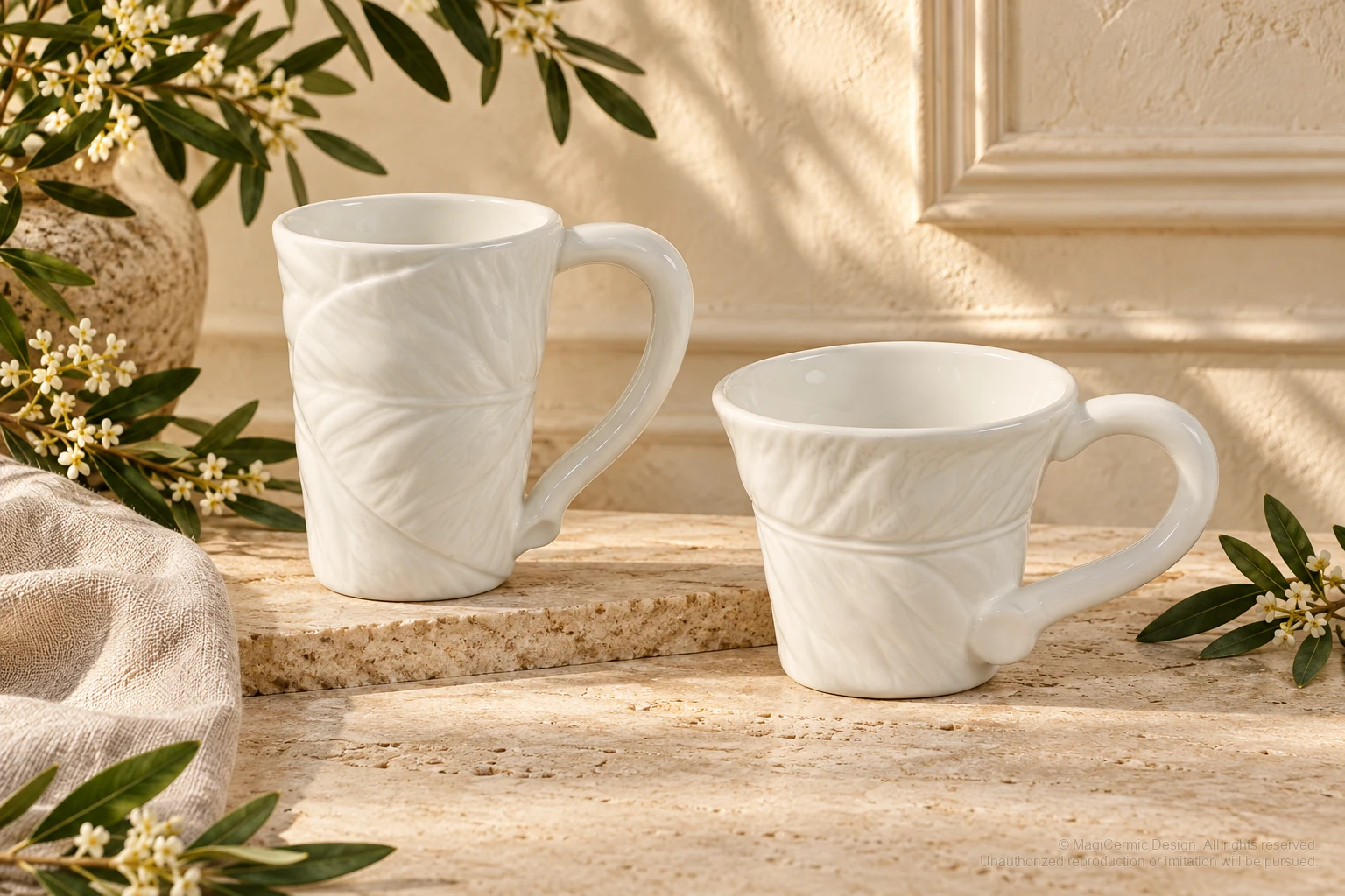 Italian-inspired floral setting of white leaf vein service, kept within one visible motif family