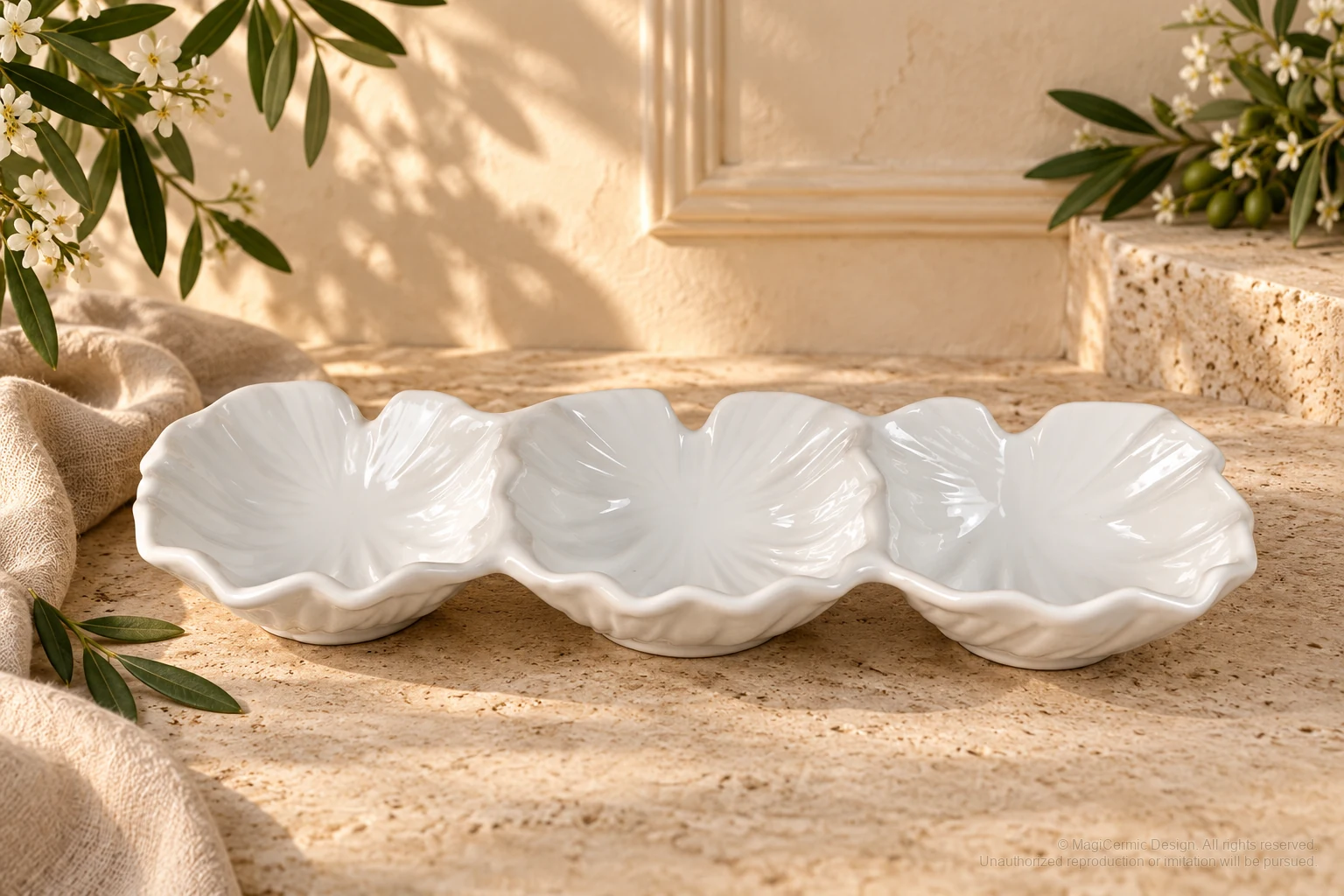 Italian-inspired floral setting of triple leaf dish, kept within one visible motif family