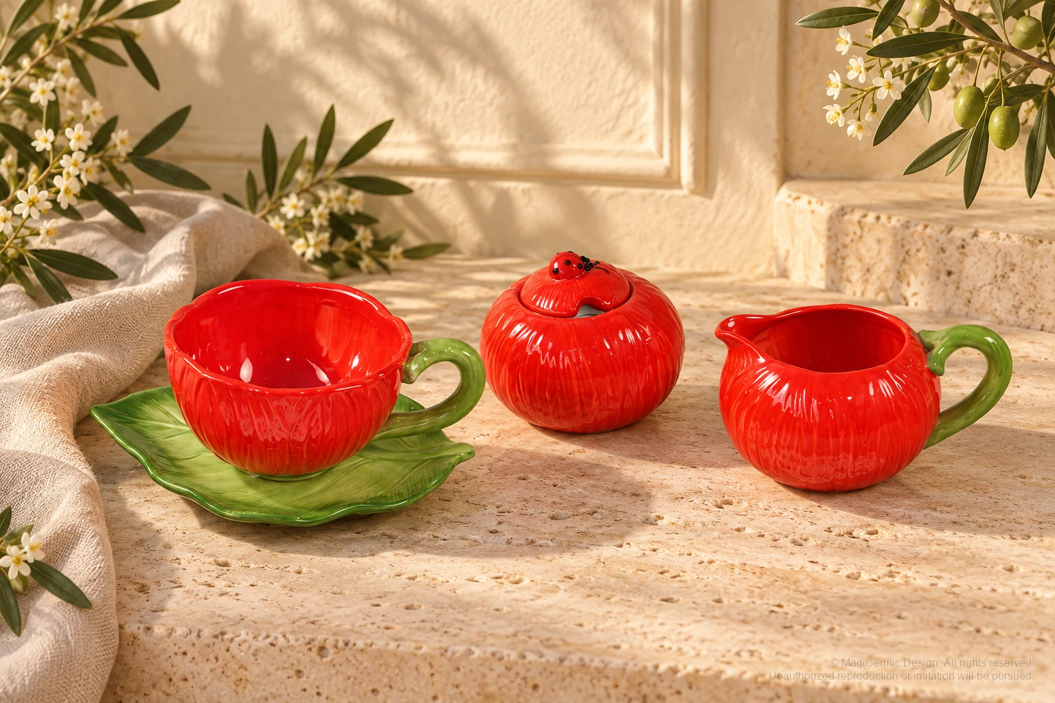 Italian-inspired floral setting of red poppy tea forms, kept within one visible motif family