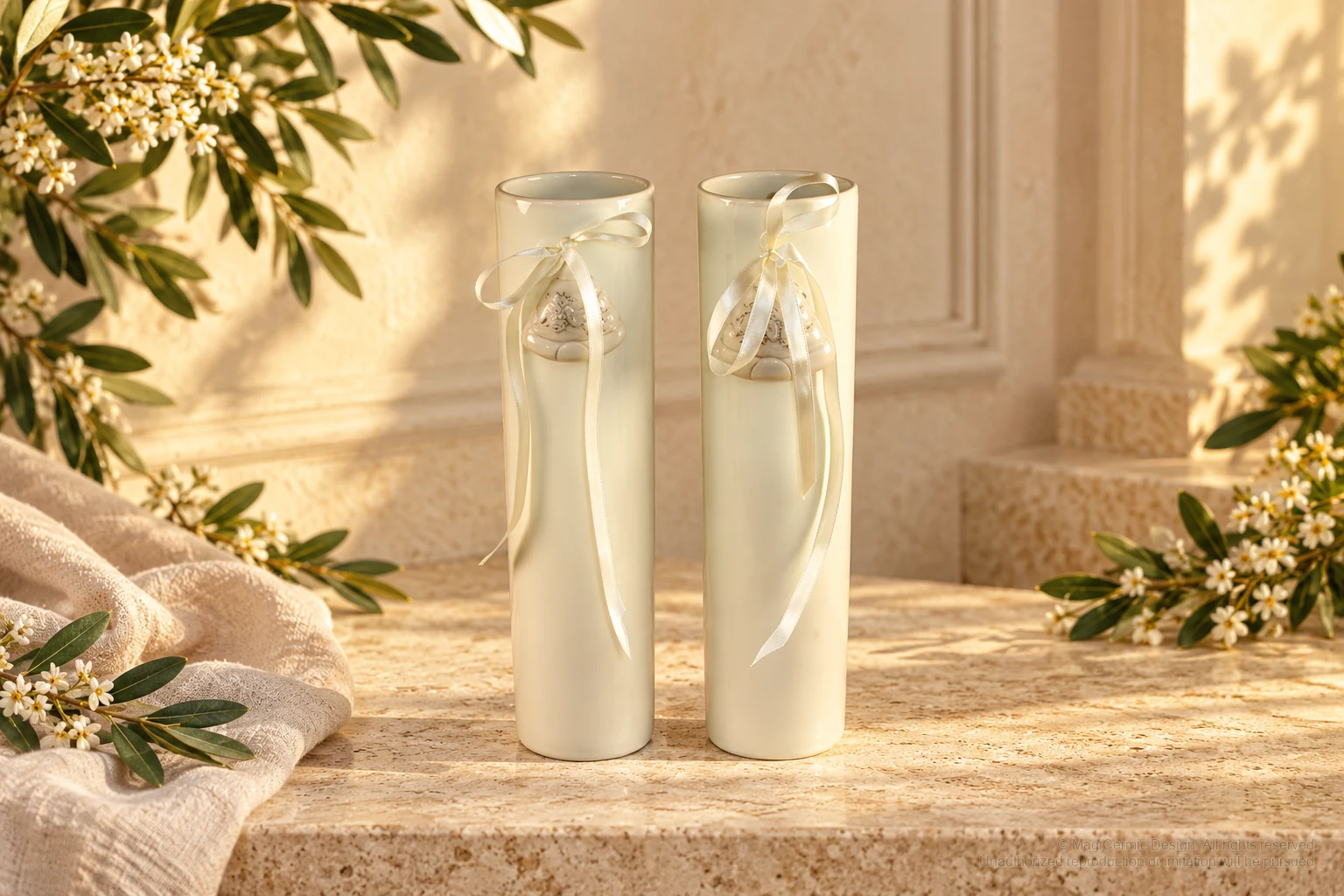 Italian-inspired floral setting of ribbon candlesticks, kept within one visible motif family