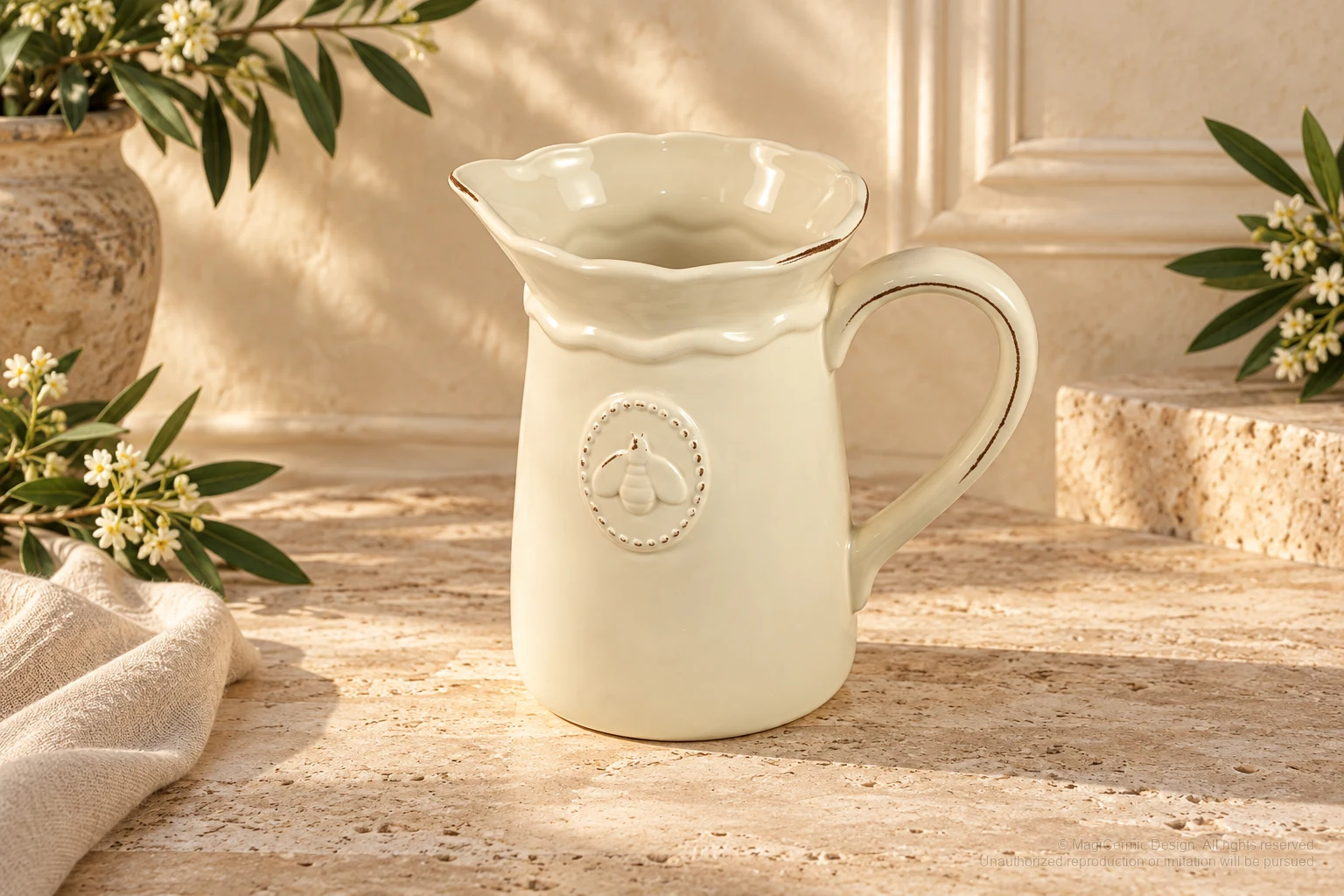 Italian-inspired floral setting of bee cartouche pitcher, kept within one visible motif family