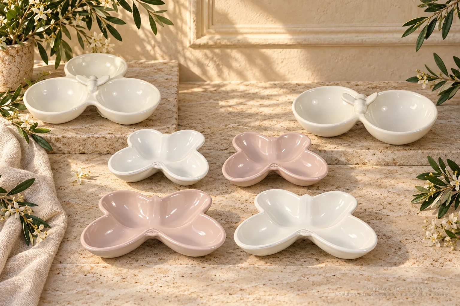 Italian-inspired floral setting of butterfly compartment dishes, kept within one visible motif family
