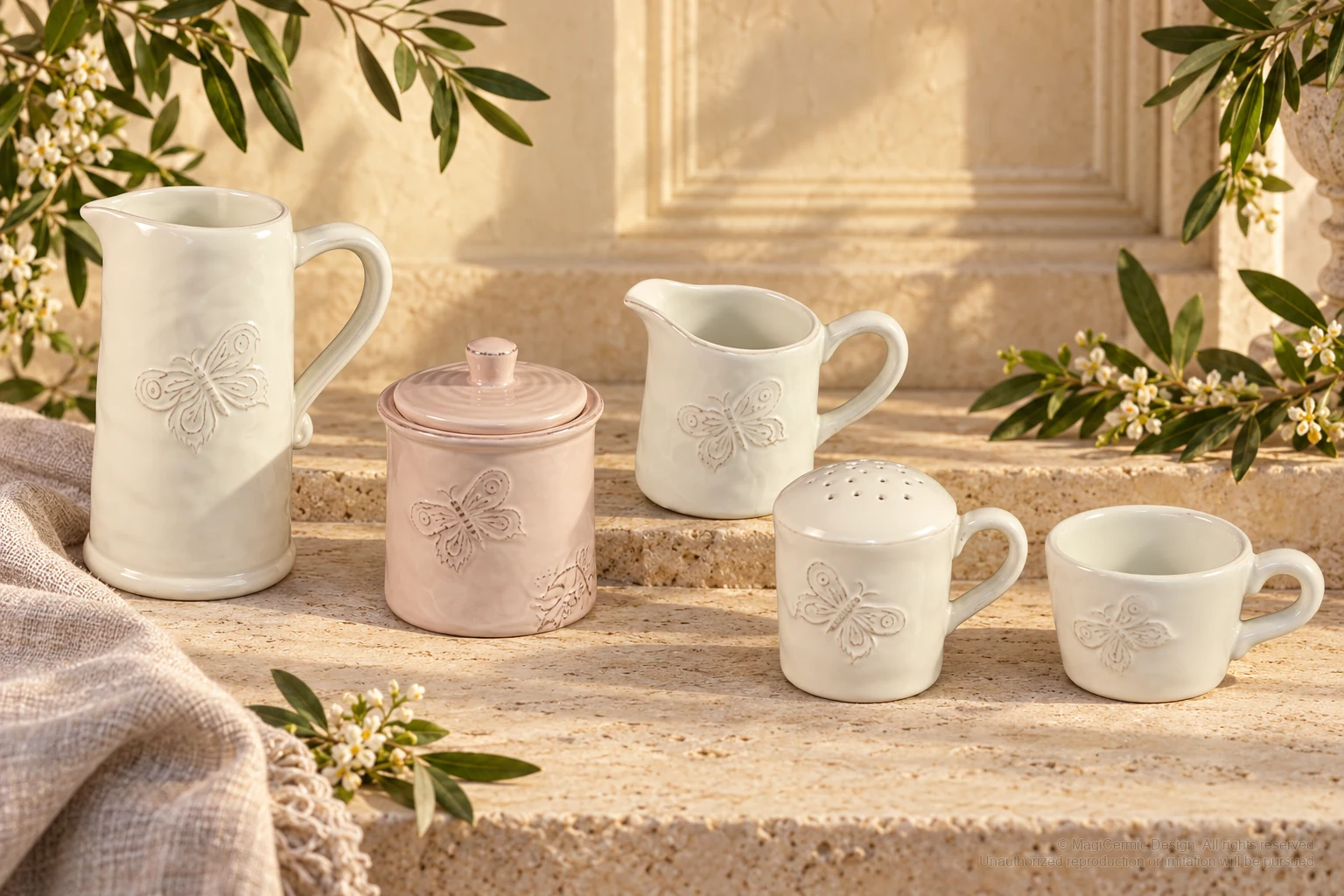 Italian-inspired floral setting of butterfly relief tea service, kept within one visible motif family