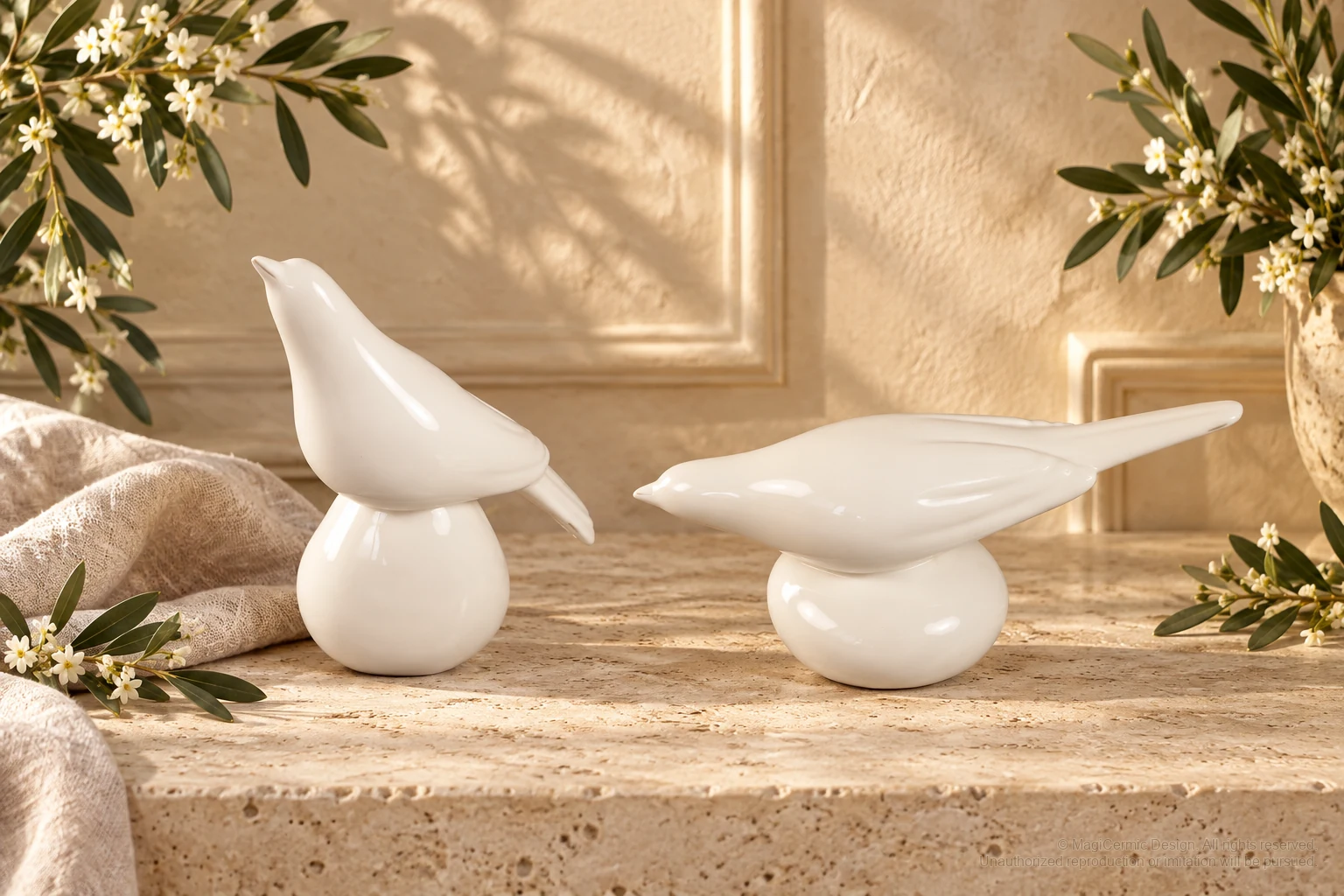 Italian-inspired floral setting of perched bird sculptures, kept within one visible motif family