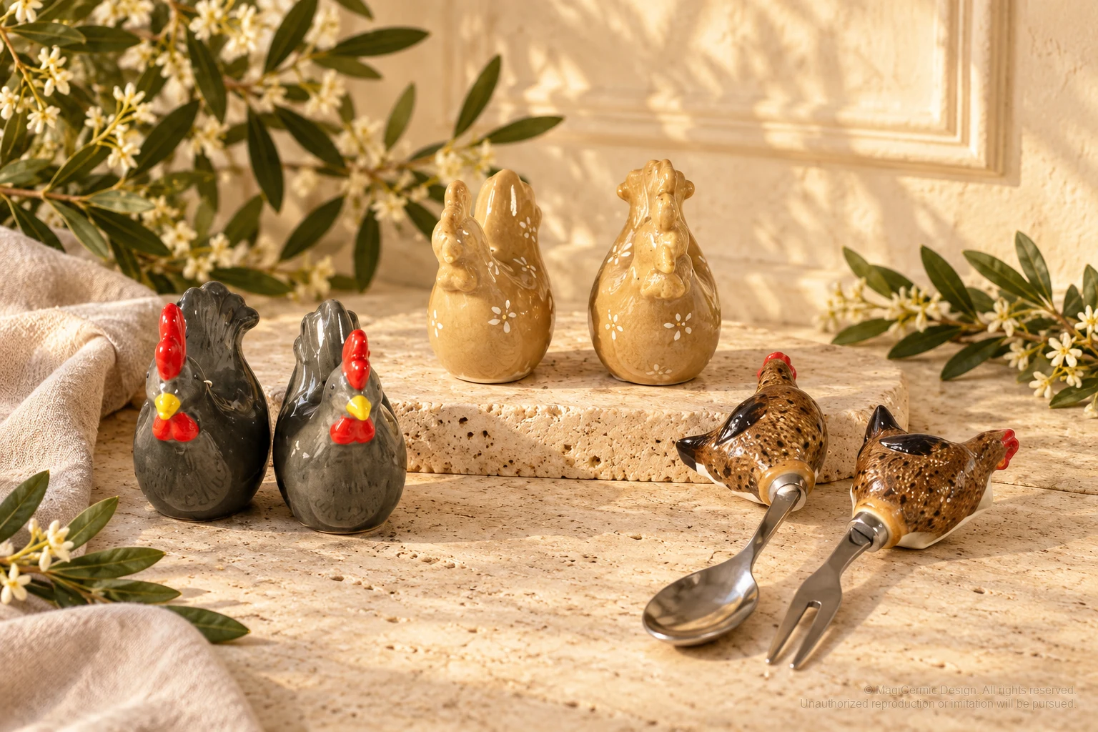 Italian-inspired floral setting of painted hen accessories, kept within one visible motif family