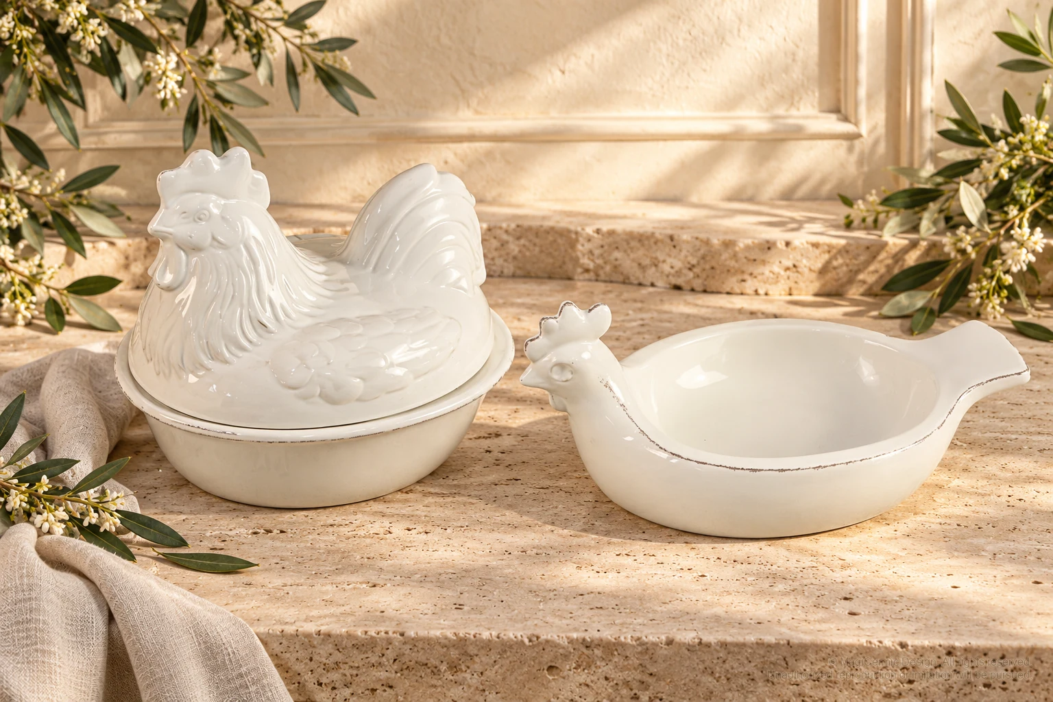 Italian-inspired floral setting of white hen serving forms, kept within one visible motif family