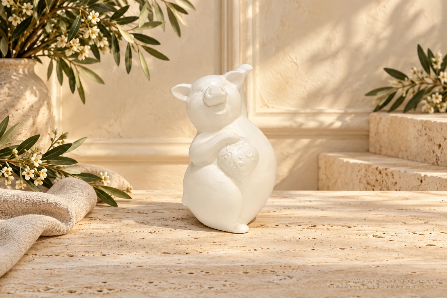 Italian-inspired floral setting of heart holding pig figure, kept within one visible motif family