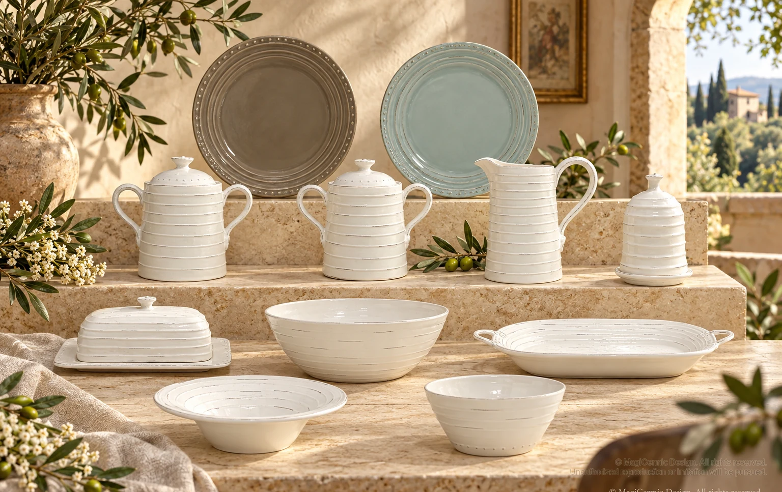 Italian-inspired floral setting of horizontal ring tableware, kept within one visible motif family