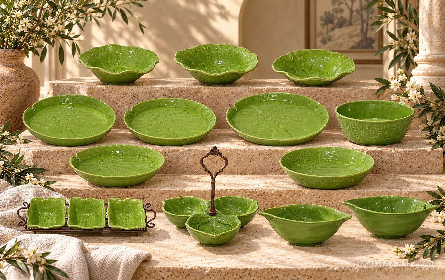 Italian-inspired floral setting of green leaf tableware, kept within one visible motif family