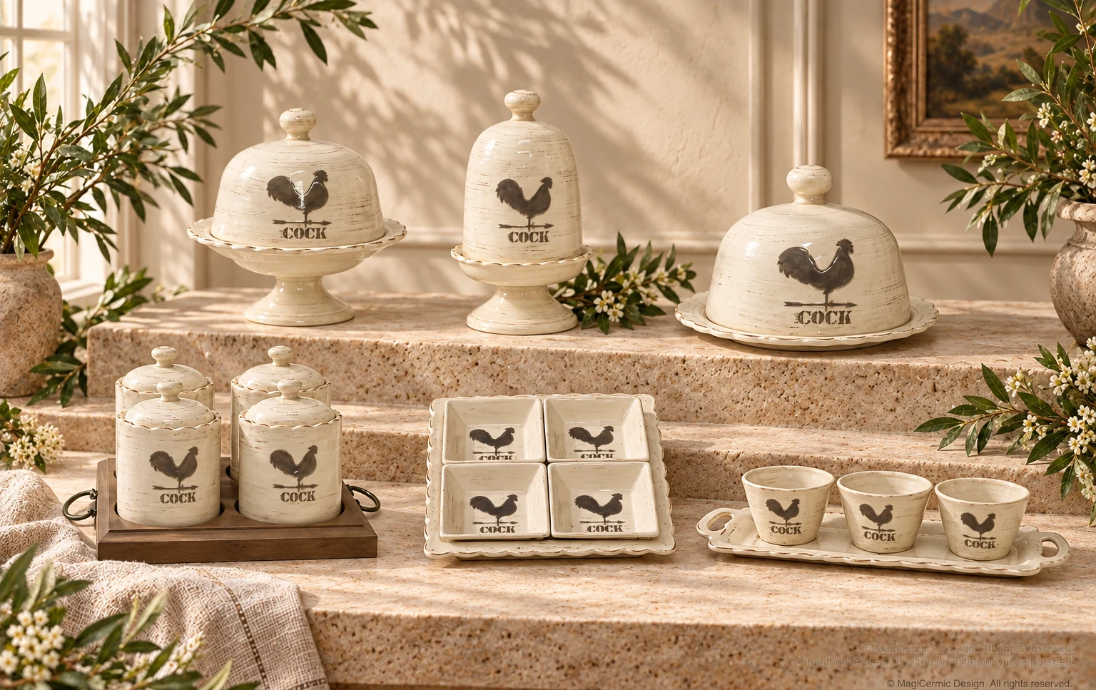 Italian-inspired floral setting of rustic rooster silhouettes, kept within one visible motif family