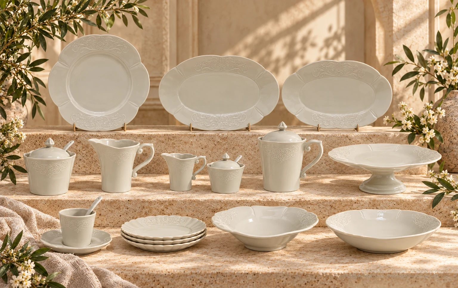 Italian-inspired floral setting of scroll panel service, kept within one visible motif family