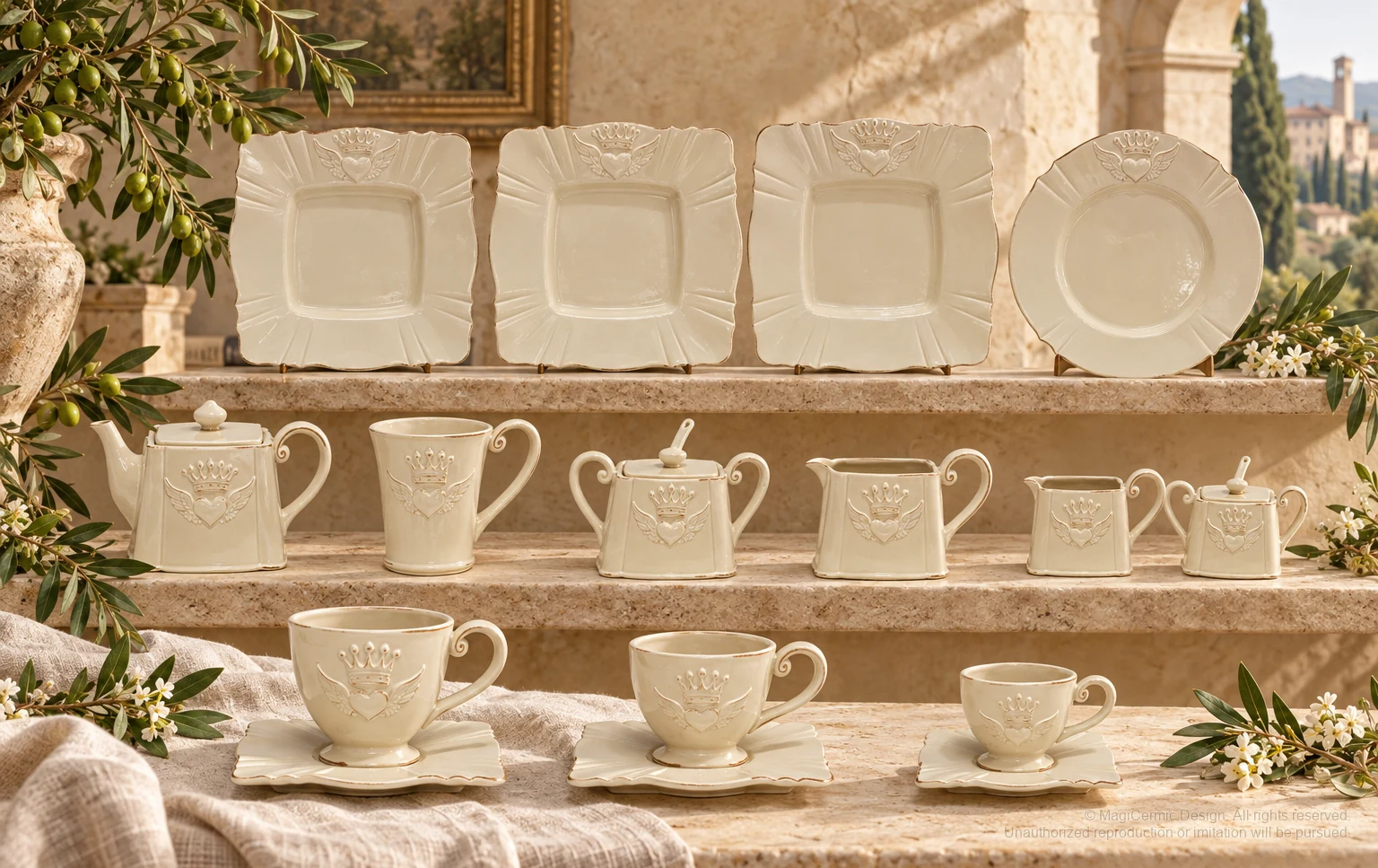 Italian-inspired floral setting of winged crowned heart tableware, kept within one visible motif family