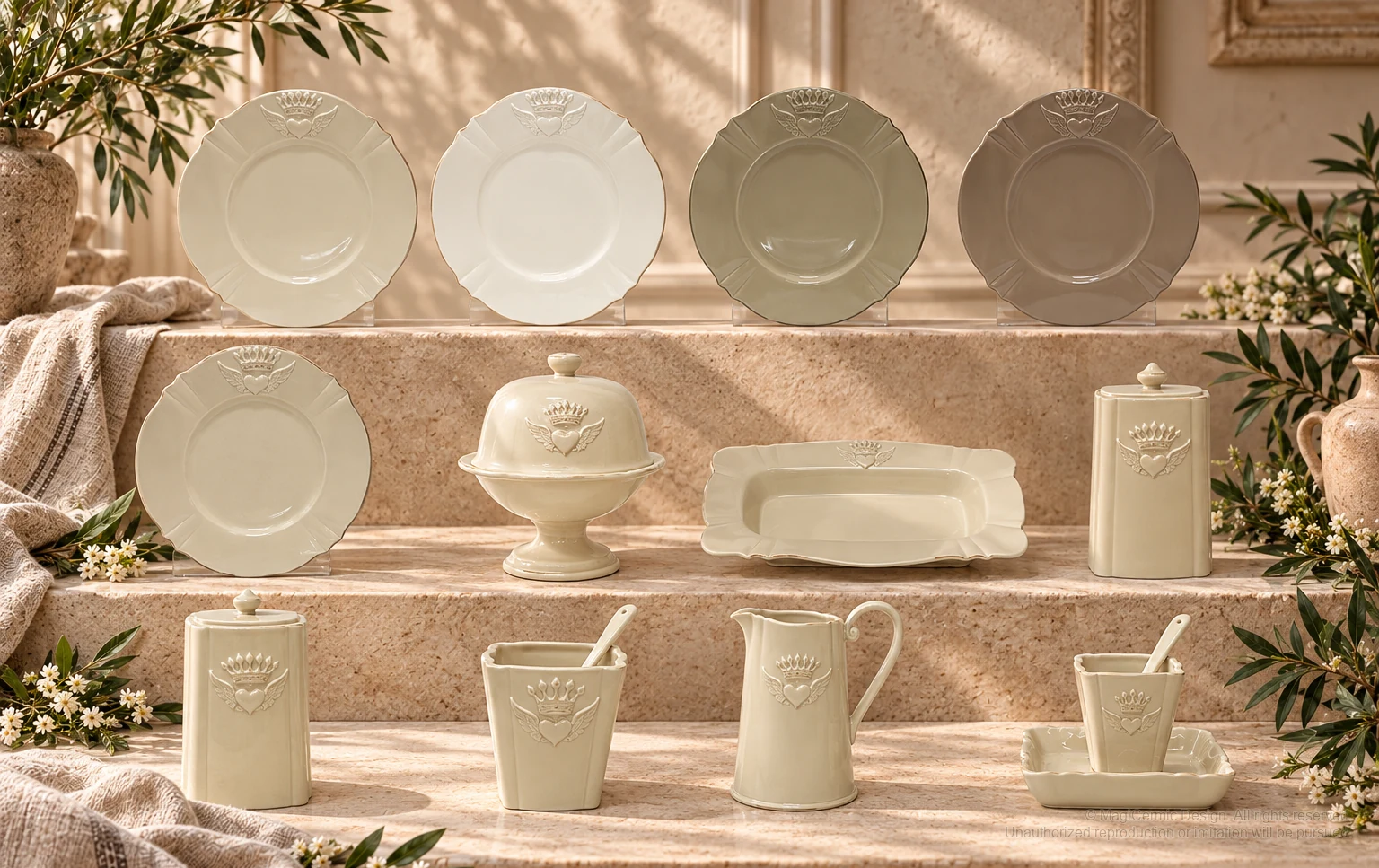 Italian-inspired floral setting of winged crowned heart tableware, kept within one visible motif family