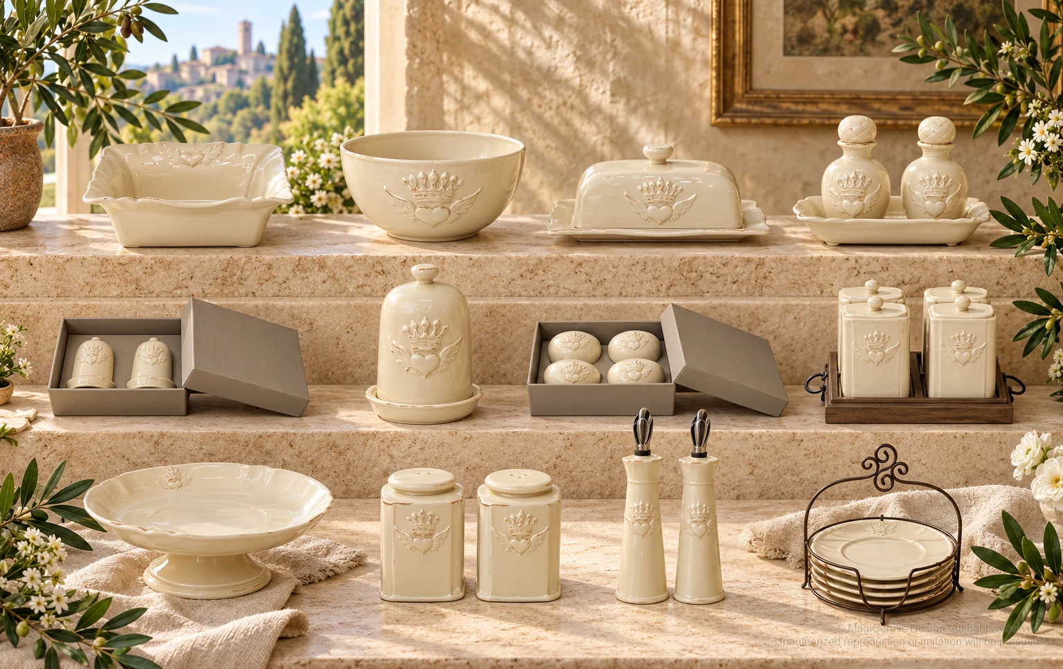 Italian-inspired floral setting of winged crowned heart tableware, kept within one visible motif family